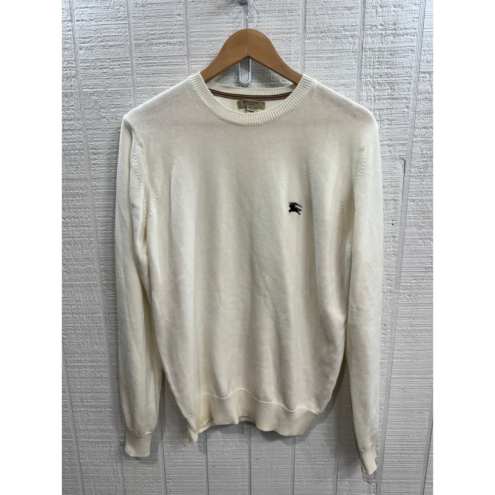 Burberry London Sweater Mens Cream Logo Crewneck Cotton Knit S